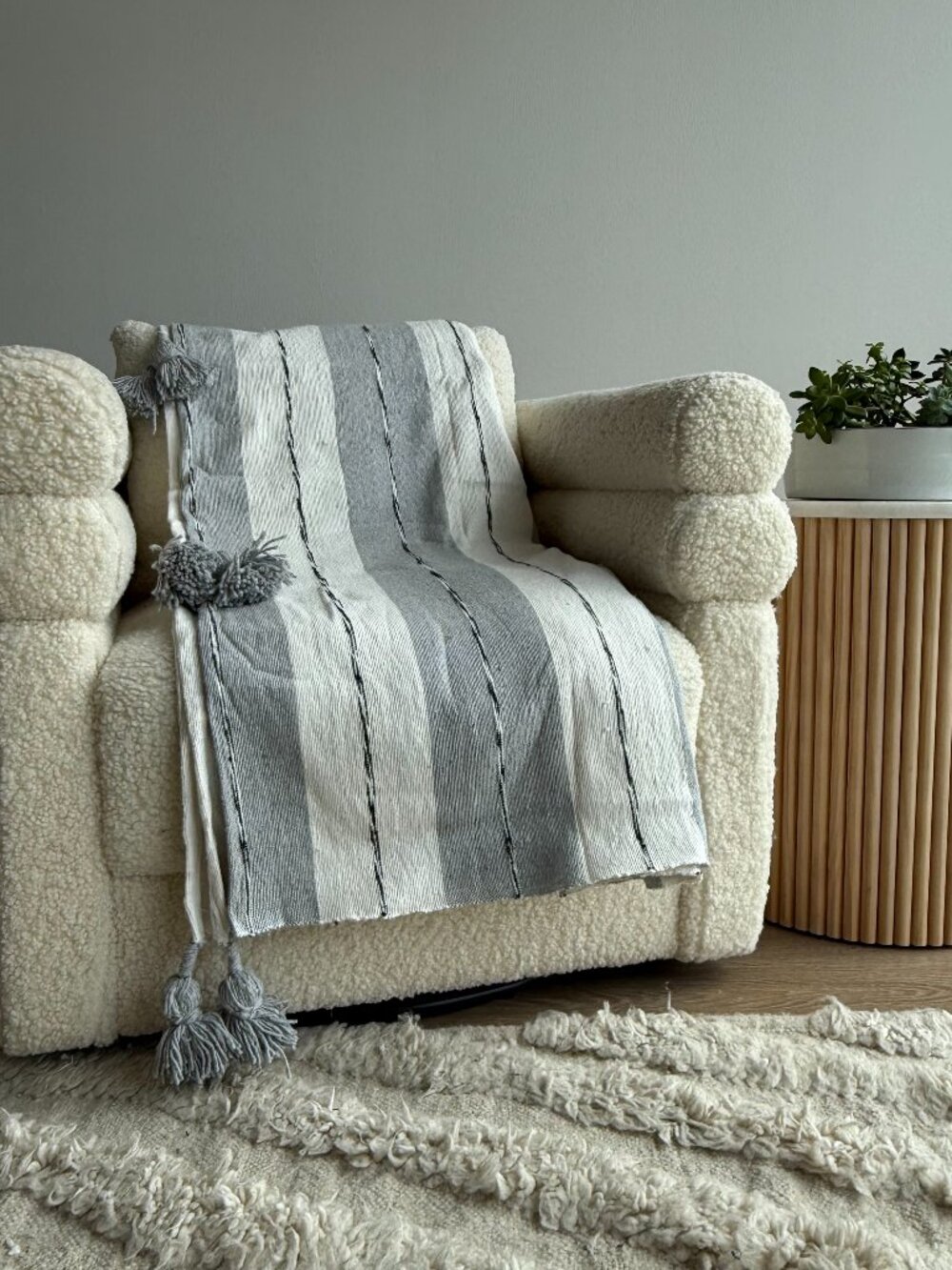 Gray, Black and White Striped Throw Blanket with Tassels